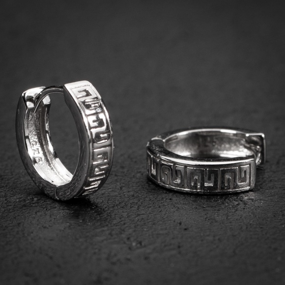 Small Solid White Gold Plated Sterling Silver Mens Greek Huggie Hoop Earrings - Picture 4 of 5